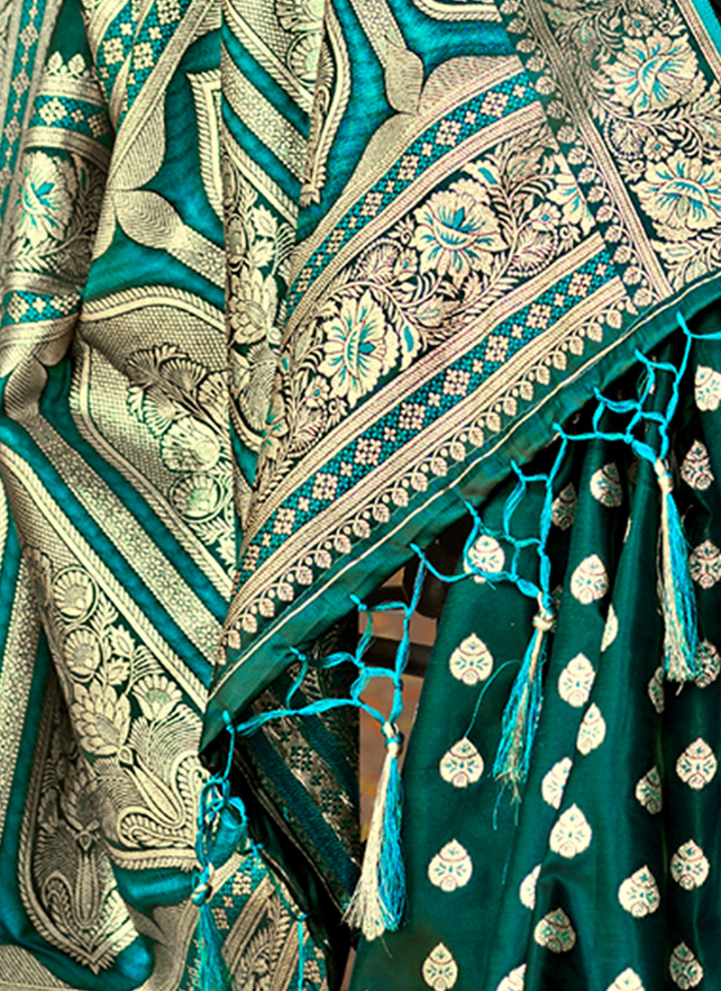 Trendy Green Floral Kashmiri Weaving Silk Wedding Party Saree main image 1